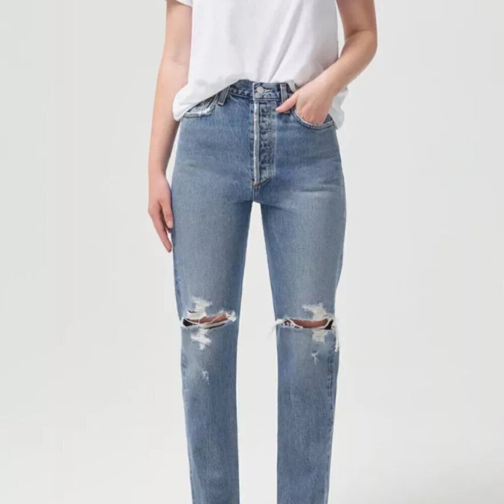 Agolde Jeans 90's Pinch Waist High Rise Distressed Ripped Blue Denim Size 24